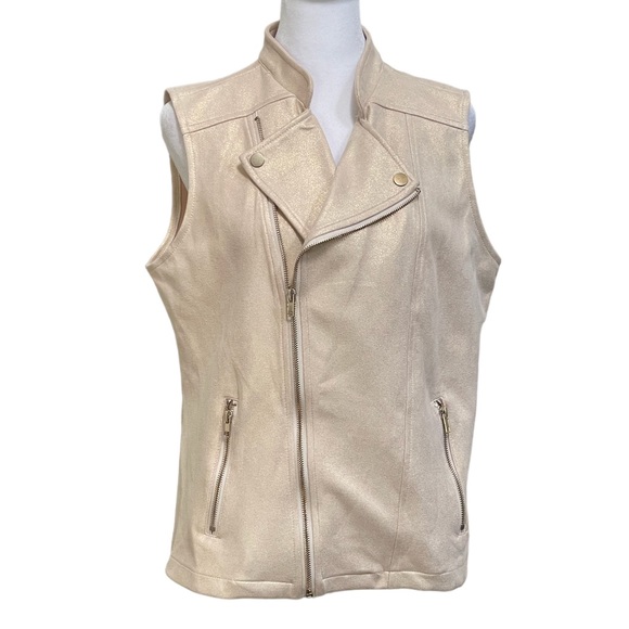 Solitaire Gold Shimmer Moto Vest Women’s Sz M Pockets Metallic Spandex Stretch - Picture 2 of 14
